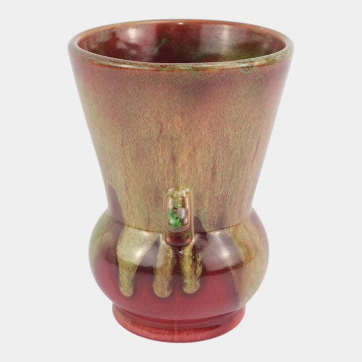 Weller Turkis 1920s Vintage Art Pottery Red Green Drip Ceramic Handled Vase - Just Art Pottery