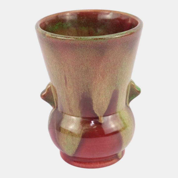 Weller Turkis 1920s Vintage Art Pottery Red Green Drip Ceramic Handled Vase - Just Art Pottery