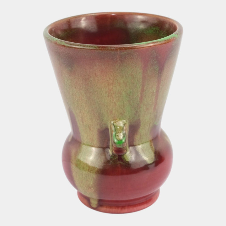 Weller Turkis 1920s Vintage Art Pottery Red Green Drip Ceramic Handled Vase - Just Art Pottery