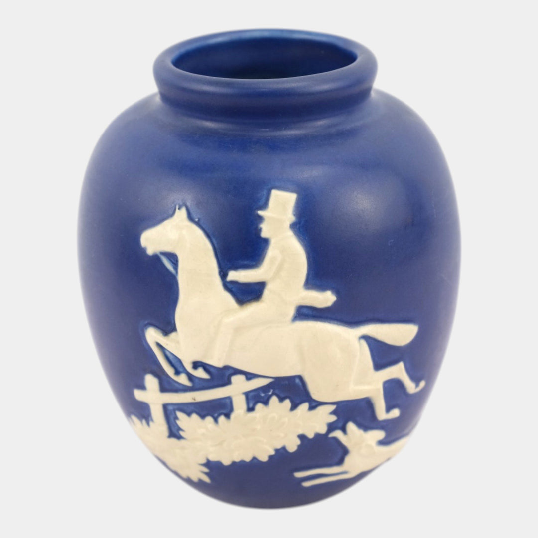 Weller Chase 1920s Vintage Pottery Equestrian Fox Hunt Blue Art Deco Scenic Vase - Just Art Pottery