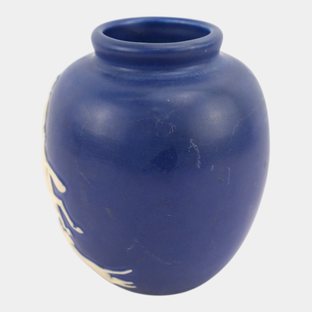 Weller Chase 1920s Vintage Pottery Equestrian Fox Hunt Blue Art Deco Scenic Vase - Just Art Pottery
