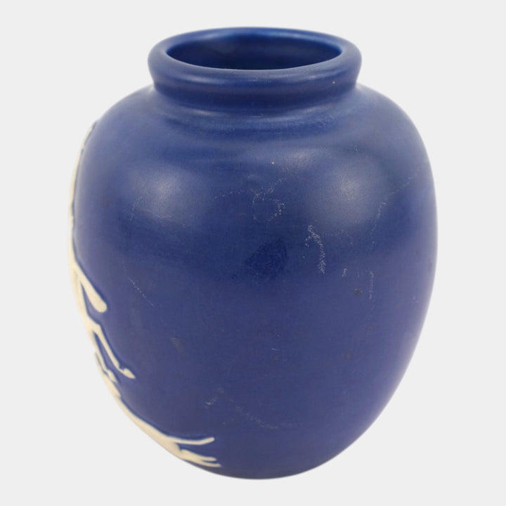 Weller Chase 1920s Vintage Pottery Equestrian Fox Hunt Blue Art Deco Scenic Vase - Just Art Pottery