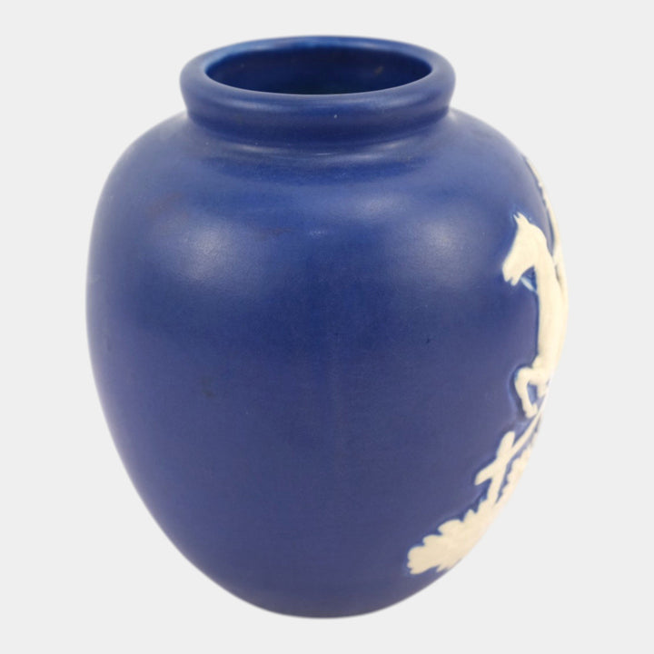 Weller Chase 1920s Vintage Pottery Equestrian Fox Hunt Blue Art Deco Scenic Vase - Just Art Pottery