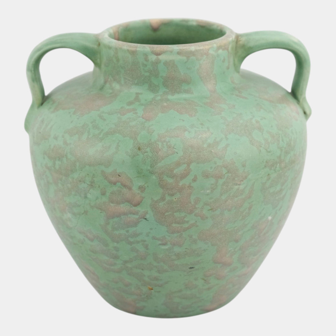 Brush McCoy 1930s Arts And Crafts Pottery Mottled Green Handled Ceramic Vase - Just Art Pottery