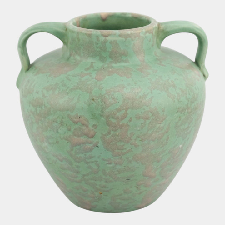 Brush McCoy 1930s Arts And Crafts Pottery Mottled Green Handled Ceramic Vase - Just Art Pottery