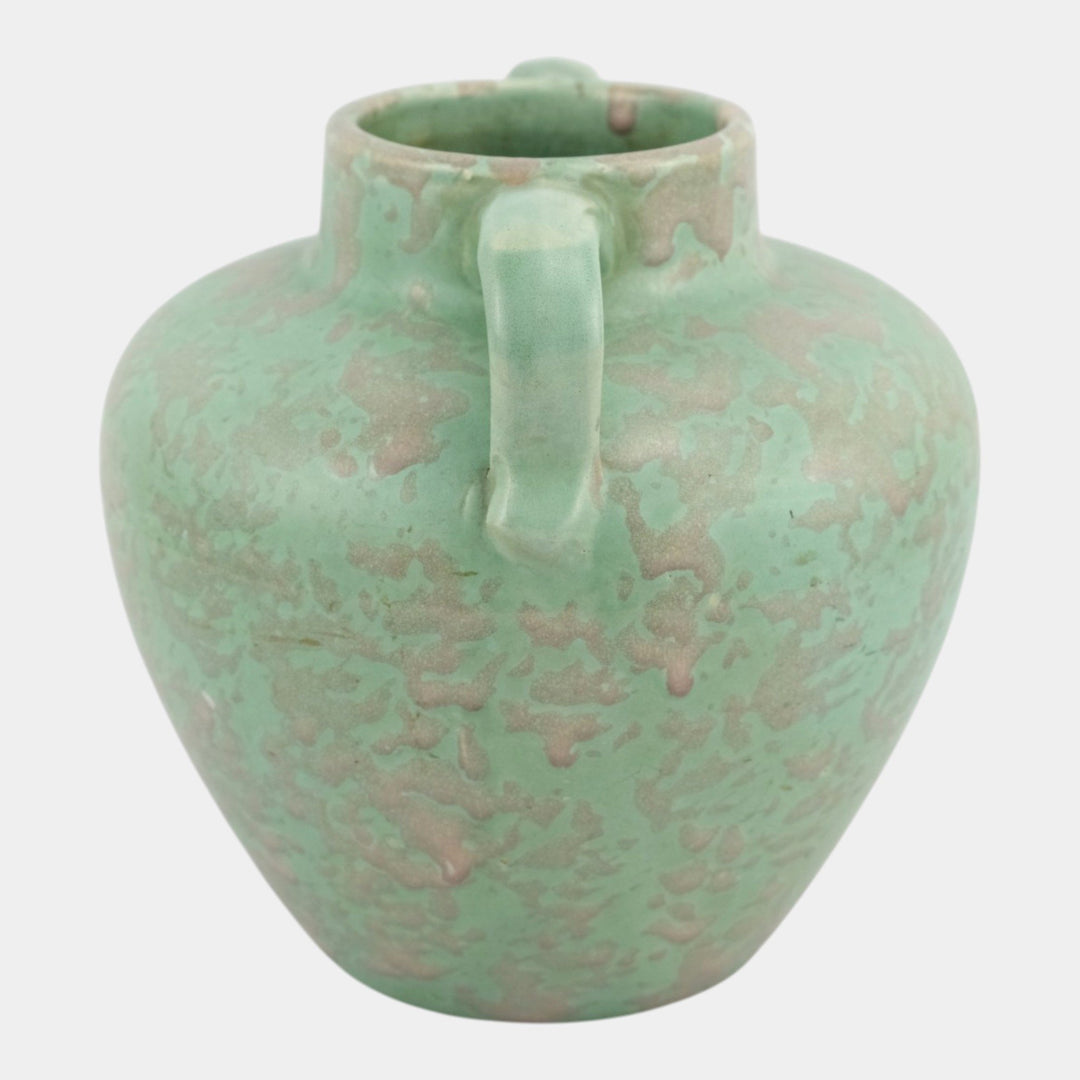 Brush McCoy 1930s Arts And Crafts Pottery Mottled Green Handled Ceramic Vase - Just Art Pottery