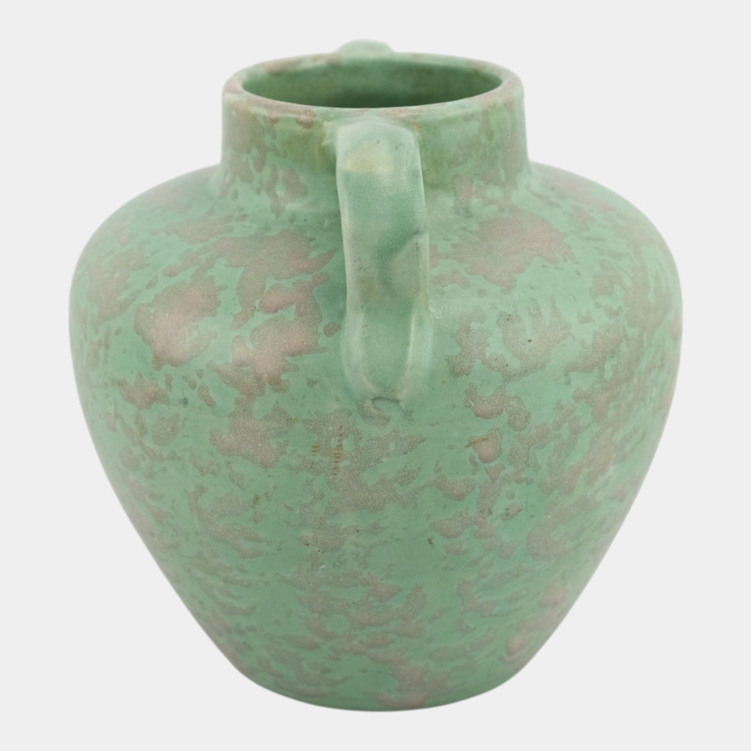 Brush McCoy 1930s Arts And Crafts Pottery Mottled Green Handled Ceramic Vase - Just Art Pottery