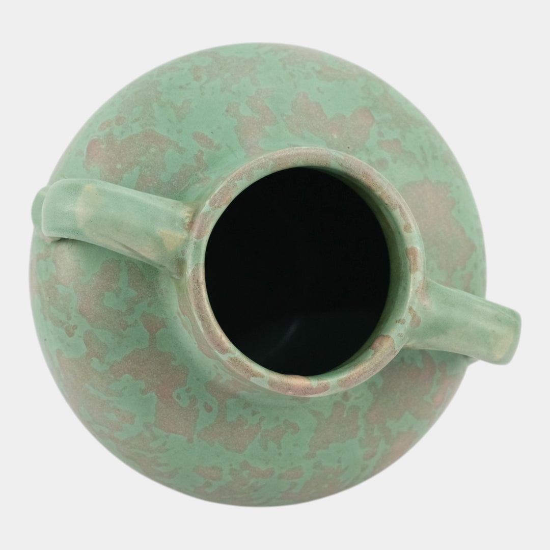 Brush McCoy 1930s Arts And Crafts Pottery Mottled Green Handled Ceramic Vase - Just Art Pottery