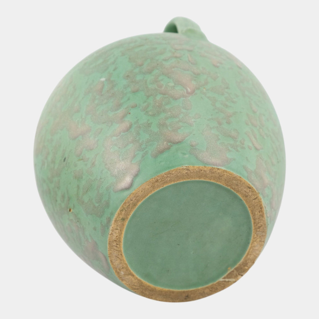 Brush McCoy 1930s Arts And Crafts Pottery Mottled Green Handled Ceramic Vase - Just Art Pottery