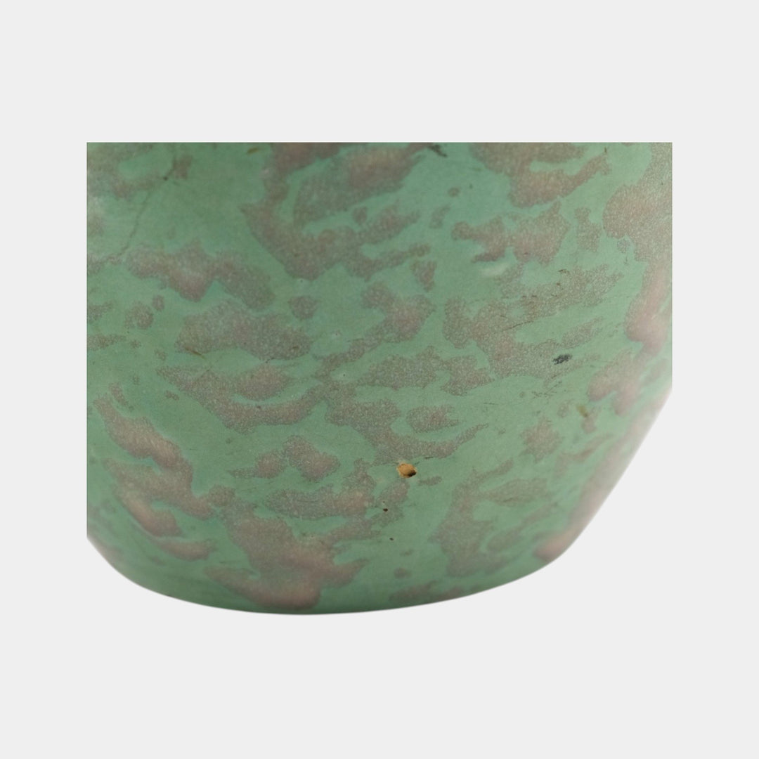 Brush McCoy 1930s Arts And Crafts Pottery Mottled Green Handled Ceramic Vase - Just Art Pottery