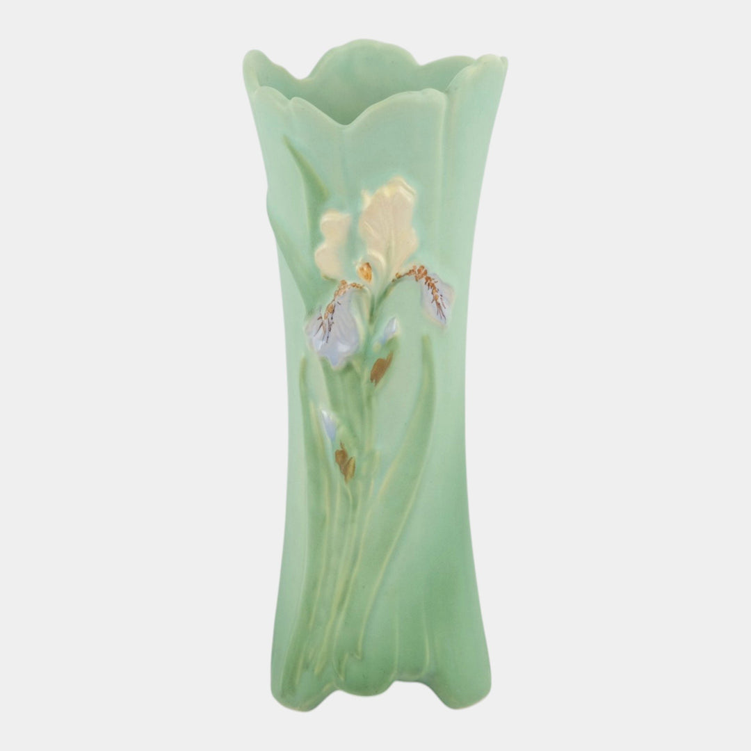 Weller Iris Vintage Pottery Green Scalloped Rim Tall Footed Ceramic Vase G-17 - Just Art Pottery