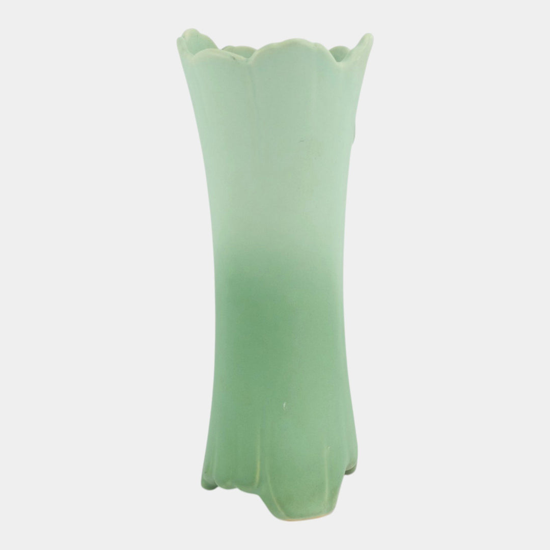 Weller Iris Vintage Pottery Green Scalloped Rim Tall Footed Ceramic Vase G-17 - Just Art Pottery