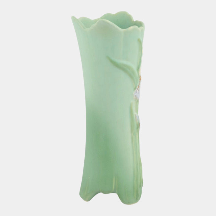 Weller Iris Vintage Pottery Green Scalloped Rim Tall Footed Ceramic Vase G-17 - Just Art Pottery