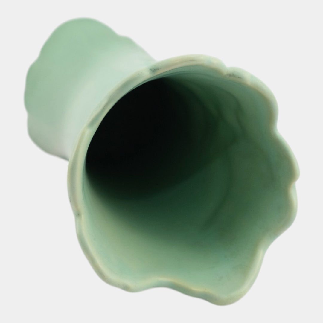Weller Iris Vintage Pottery Green Scalloped Rim Tall Footed Ceramic Vase G-17 - Just Art Pottery