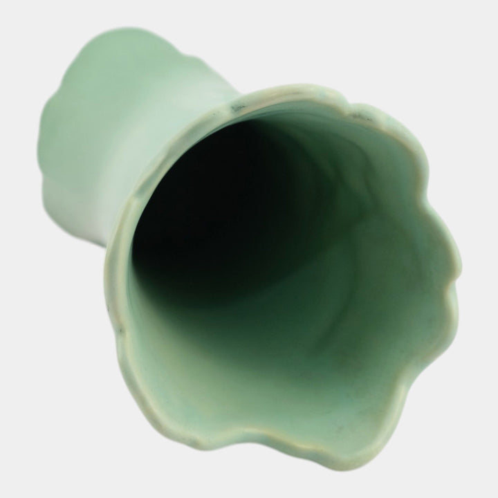Weller Iris Vintage Pottery Green Scalloped Rim Tall Footed Ceramic Vase G-17 - Just Art Pottery
