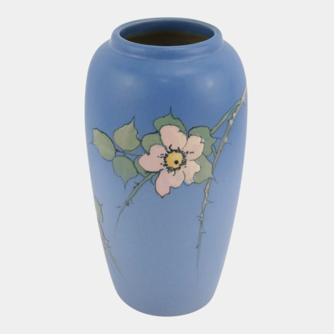 Weller Hudson 1920s Vintage Art Pottery Blue Hand Painted Floral Ceramic Vase - Just Art Pottery