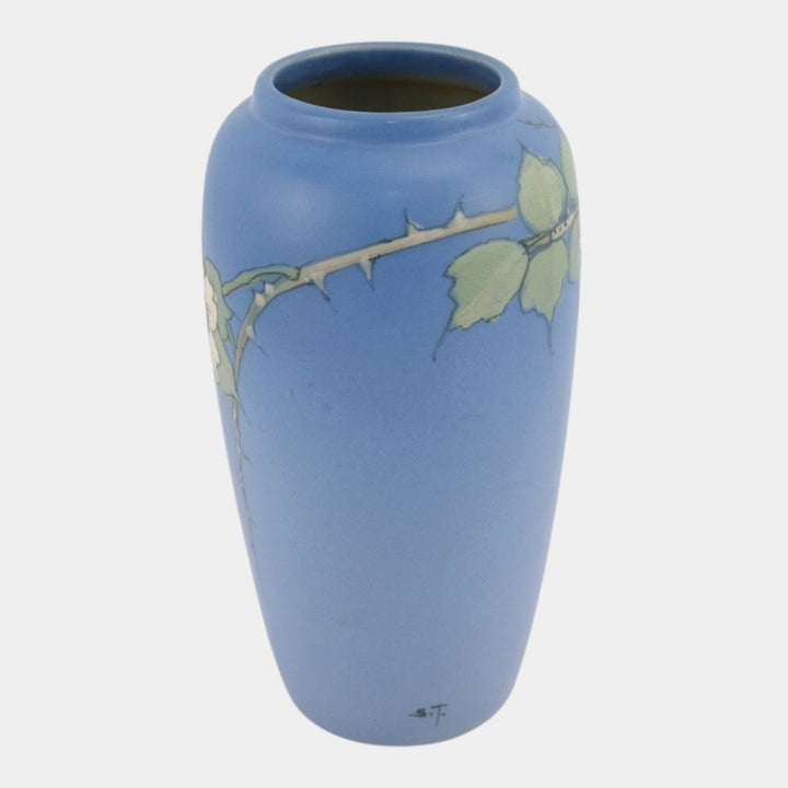 Weller Hudson 1920s Vintage Art Pottery Blue Hand Painted Floral Ceramic Vase - Just Art Pottery
