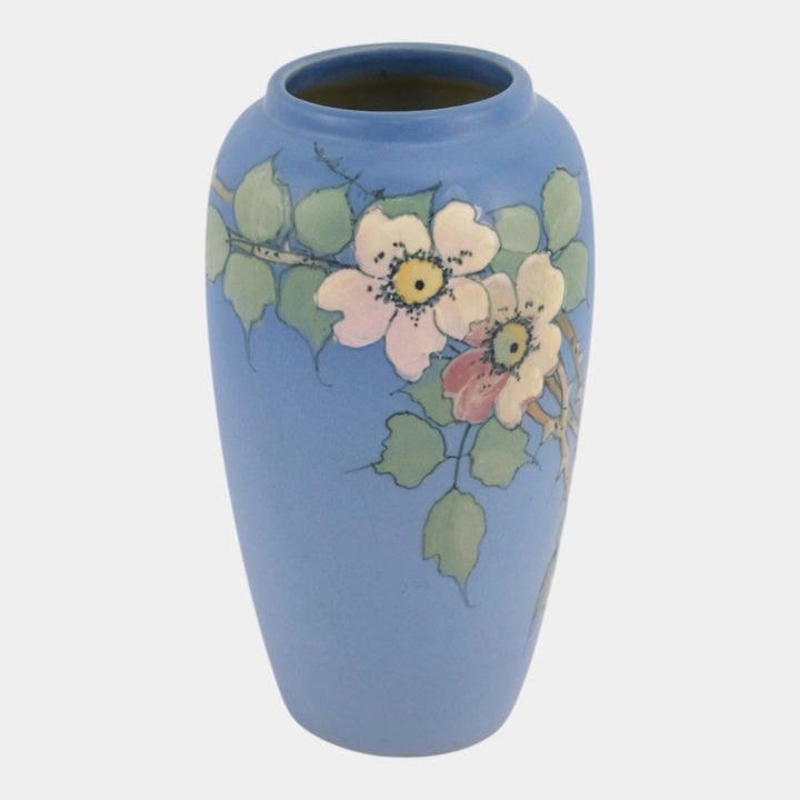 Weller Hudson 1920s Vintage Art Pottery Blue Hand Painted Floral Ceramic Vase - Just Art Pottery