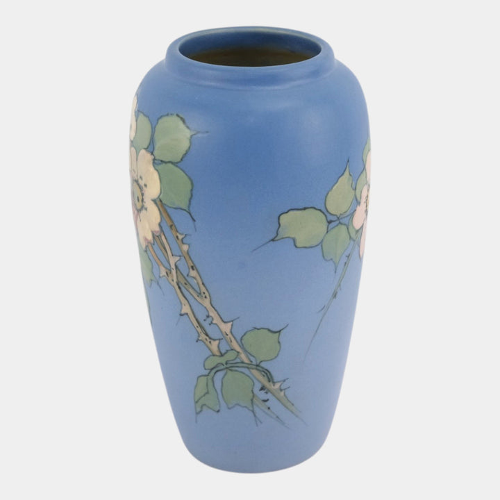 Weller Hudson 1920s Vintage Art Pottery Blue Hand Painted Floral Ceramic Vase - Just Art Pottery