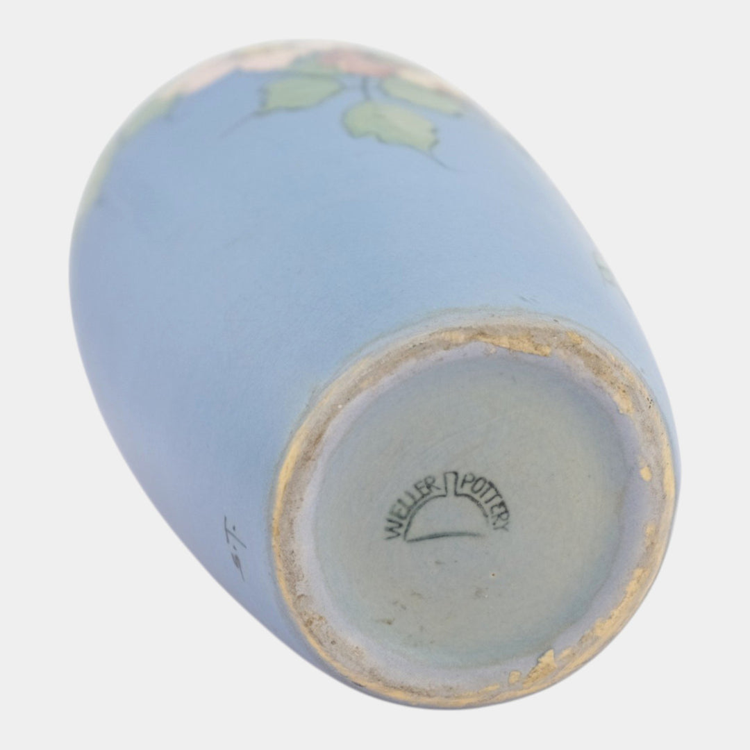 Weller Hudson 1920s Vintage Art Pottery Blue Hand Painted Floral Ceramic Vase - Just Art Pottery