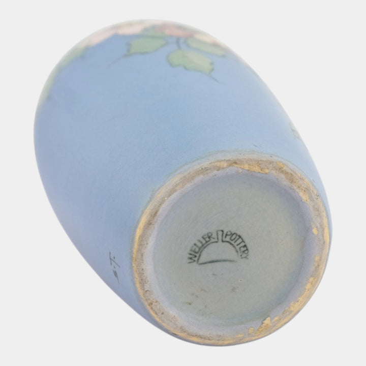 Weller Hudson 1920s Vintage Art Pottery Blue Hand Painted Floral Ceramic Vase - Just Art Pottery