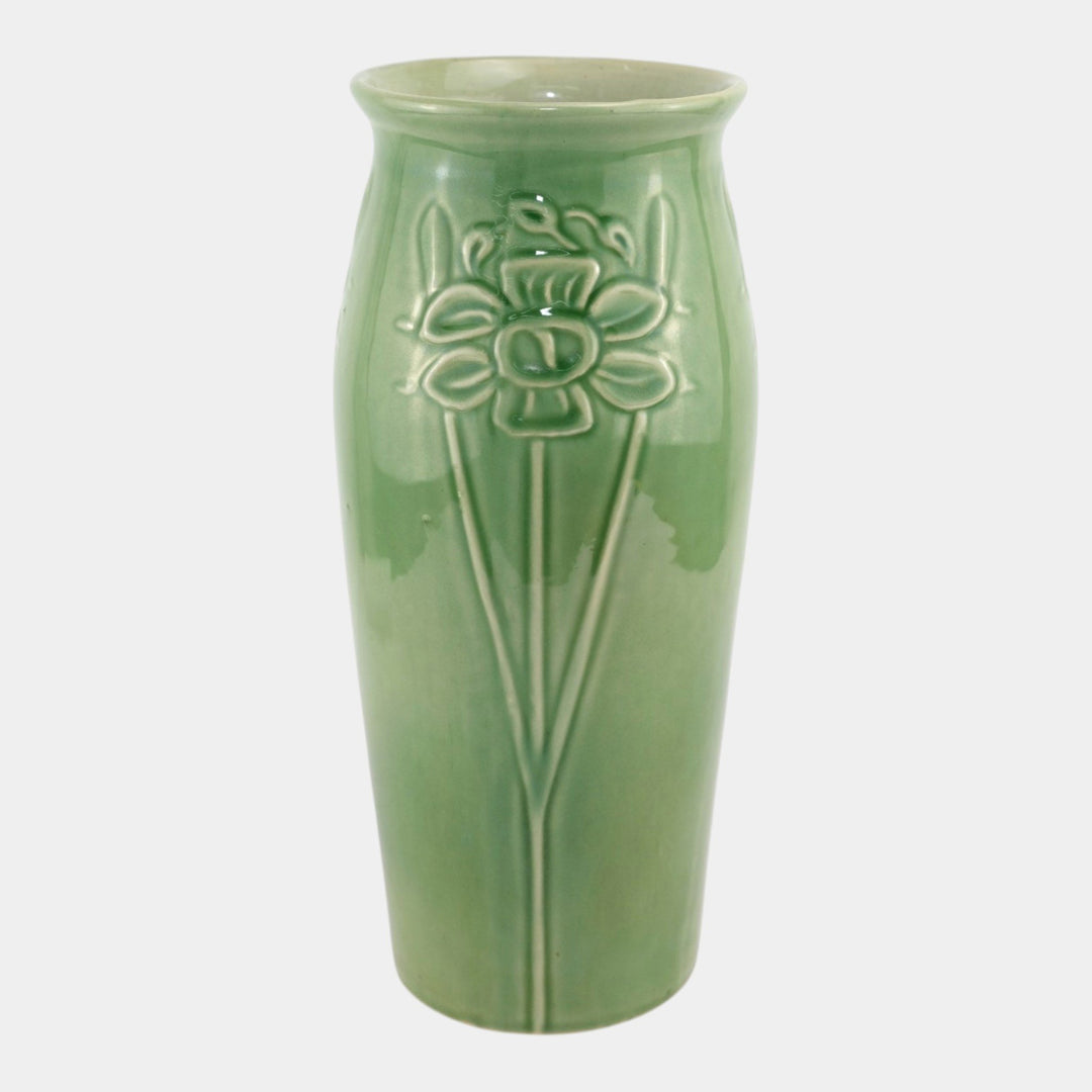 Red Wing 1930s Vintage Art Deco Pottery Green Floral In Relief Ceramic Vase - Just Art Pottery