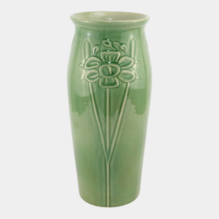 Red Wing 1930s Vintage Art Deco Pottery Green Floral In Relief Ceramic Vase - Just Art Pottery