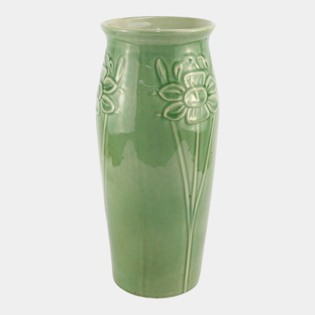 Red Wing 1930s Vintage Art Deco Pottery Green Floral In Relief Ceramic Vase - Just Art Pottery