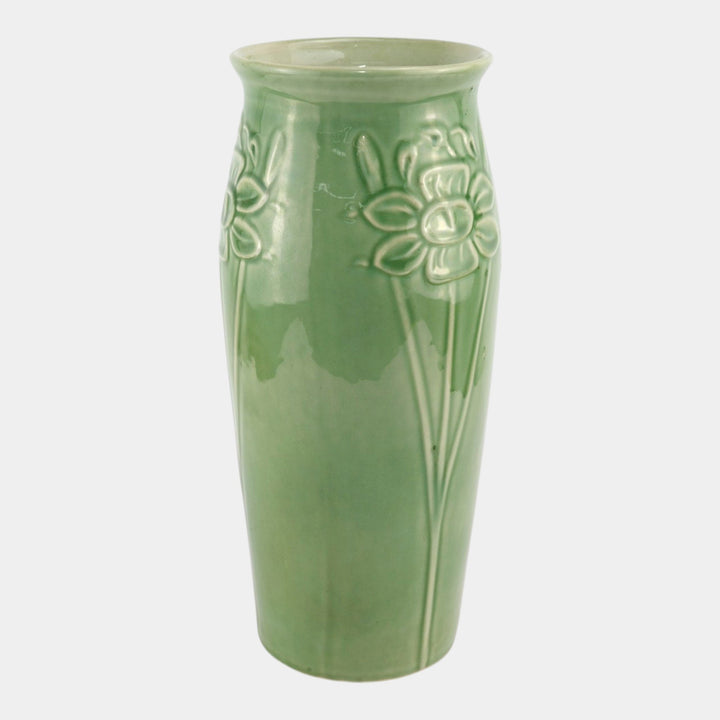 Red Wing 1930s Vintage Art Deco Pottery Green Floral In Relief Ceramic Vase - Just Art Pottery