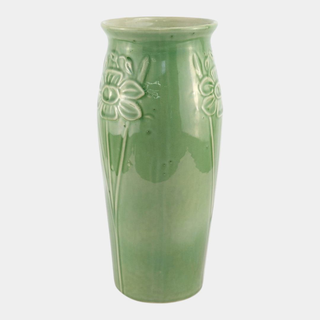 Red Wing 1930s Vintage Art Deco Pottery Green Floral In Relief Ceramic Vase - Just Art Pottery