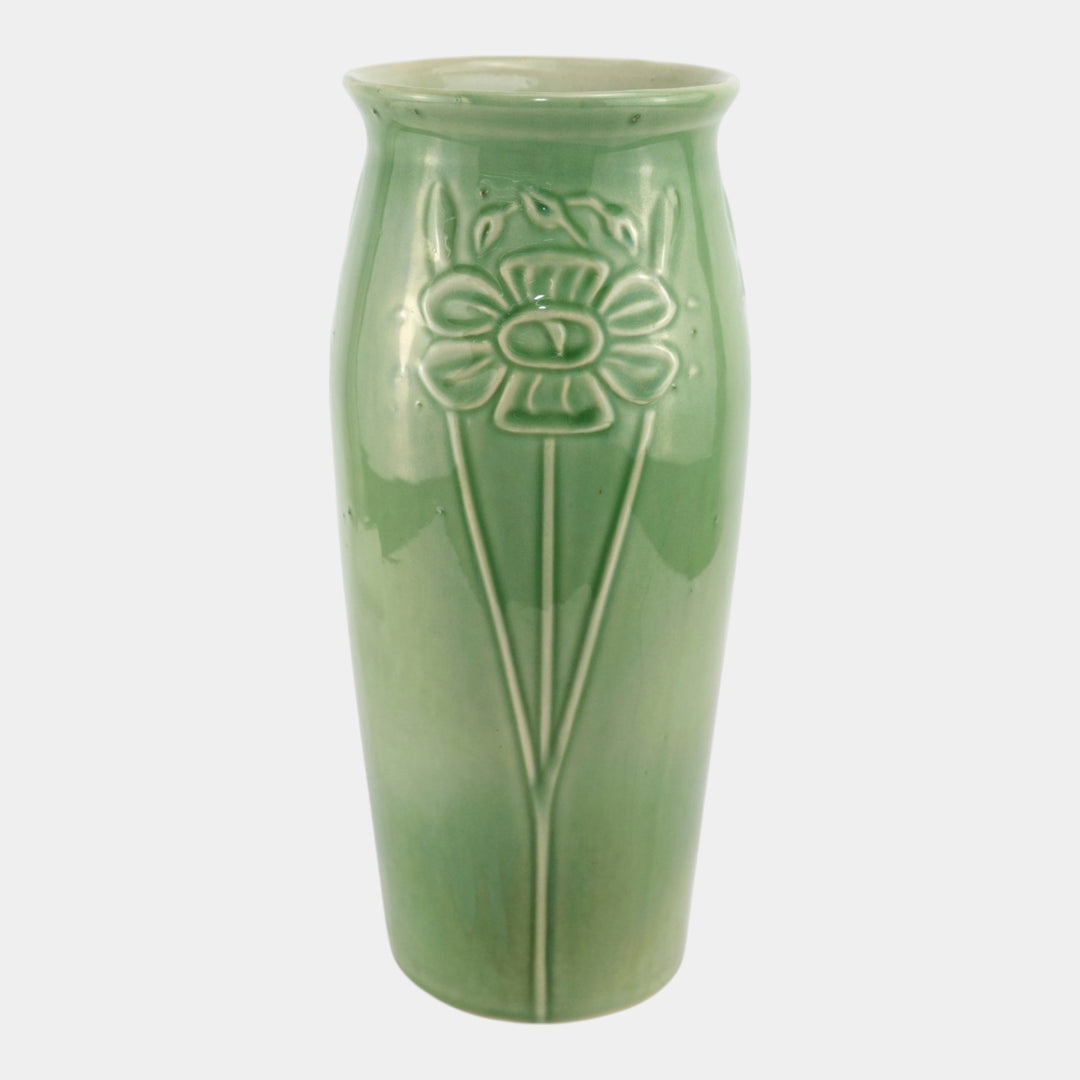 Red Wing 1930s Vintage Art Deco Pottery Green Floral In Relief Ceramic Vase - Just Art Pottery