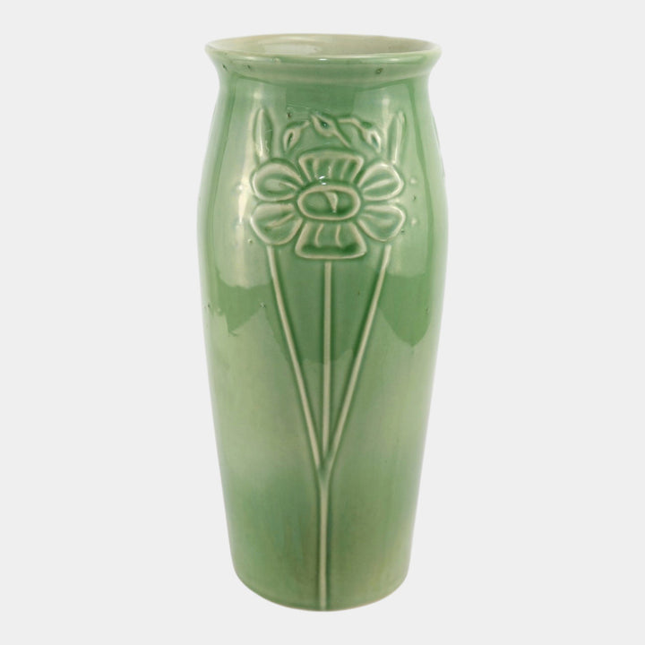 Red Wing 1930s Vintage Art Deco Pottery Green Floral In Relief Ceramic Vase - Just Art Pottery