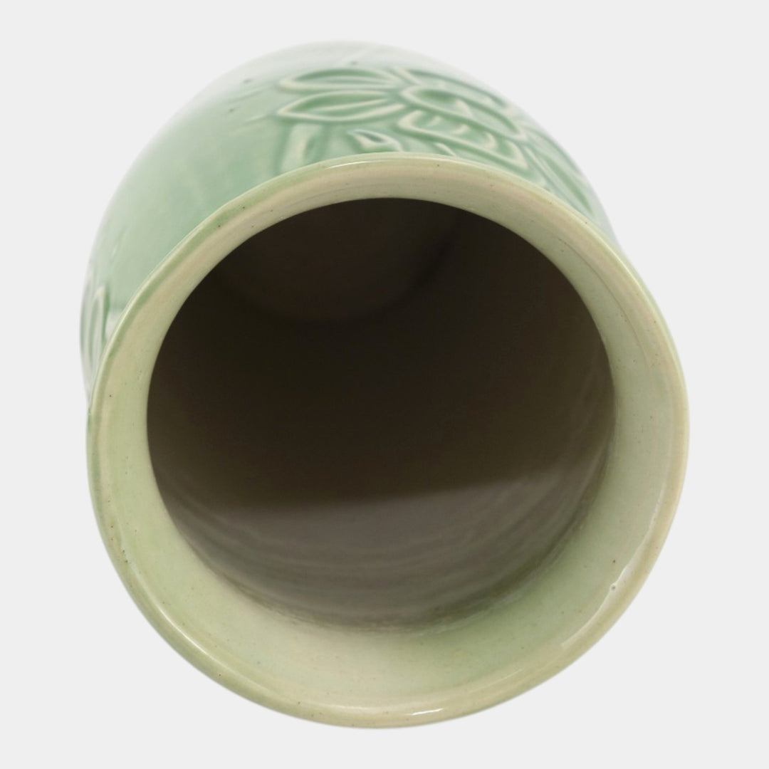 Red Wing 1930s Vintage Art Deco Pottery Green Floral In Relief Ceramic Vase - Just Art Pottery