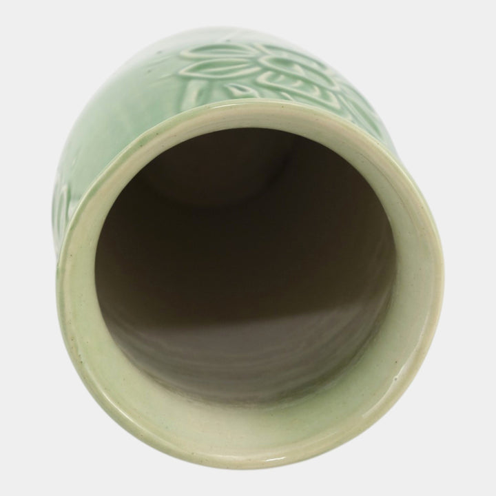 Red Wing 1930s Vintage Art Deco Pottery Green Floral In Relief Ceramic Vase - Just Art Pottery