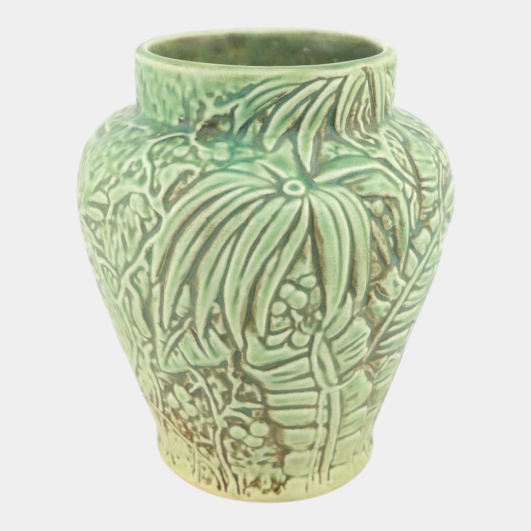 Weller Marvo 1920s Vintage Art Deco Pottery Green Leaves Palm Frond Ceramic Vase - Just Art Pottery