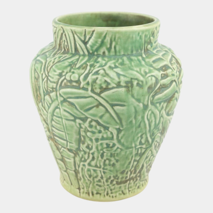 Weller Marvo 1920s Vintage Art Deco Pottery Green Leaves Palm Frond Ceramic Vase - Just Art Pottery