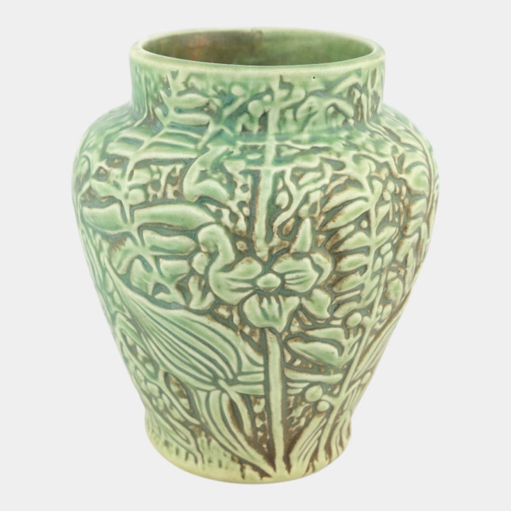 Weller Marvo 1920s Vintage Art Deco Pottery Green Leaves Palm Frond Ceramic Vase - Just Art Pottery