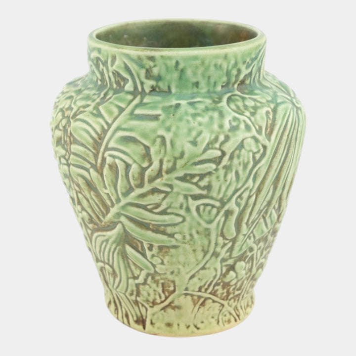 Weller Marvo 1920s Vintage Art Deco Pottery Green Leaves Palm Frond Ceramic Vase - Just Art Pottery