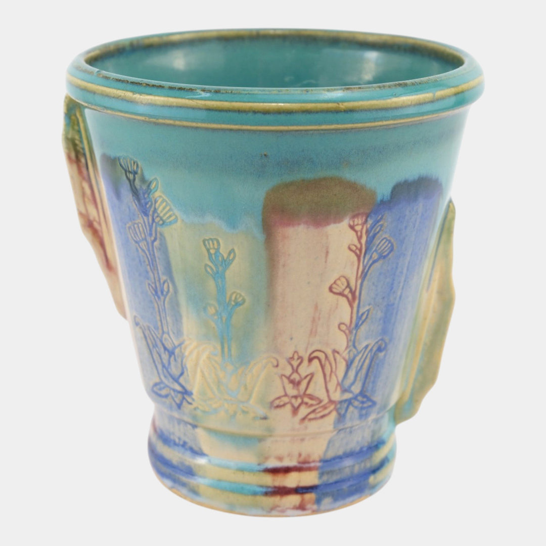 Hull Early Art Vintage Pottery 1920s Art Deco Blue Red Stoneware Handled Vase - Just Art Pottery