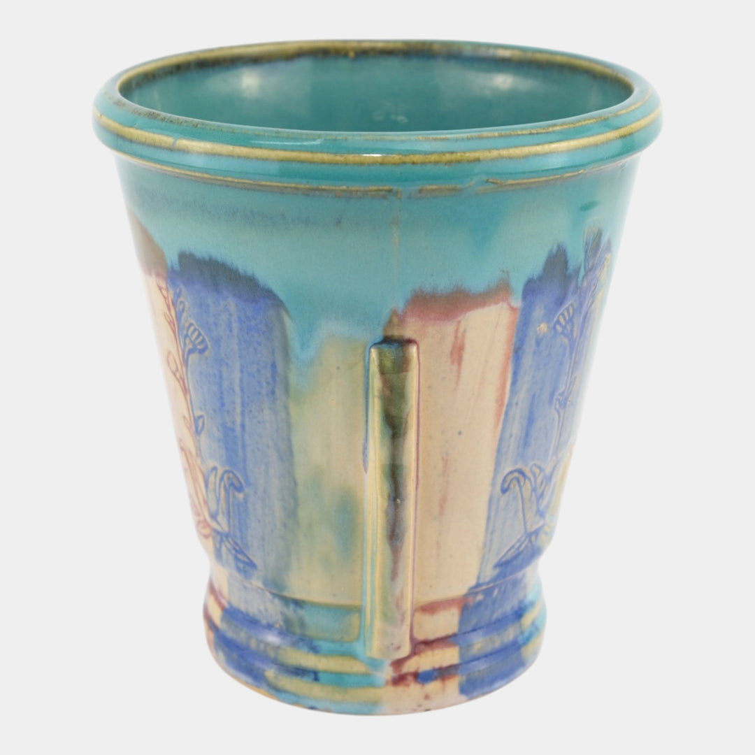Hull Early Art Vintage Pottery 1920s Art Deco Blue Red Stoneware Handled Vase - Just Art Pottery