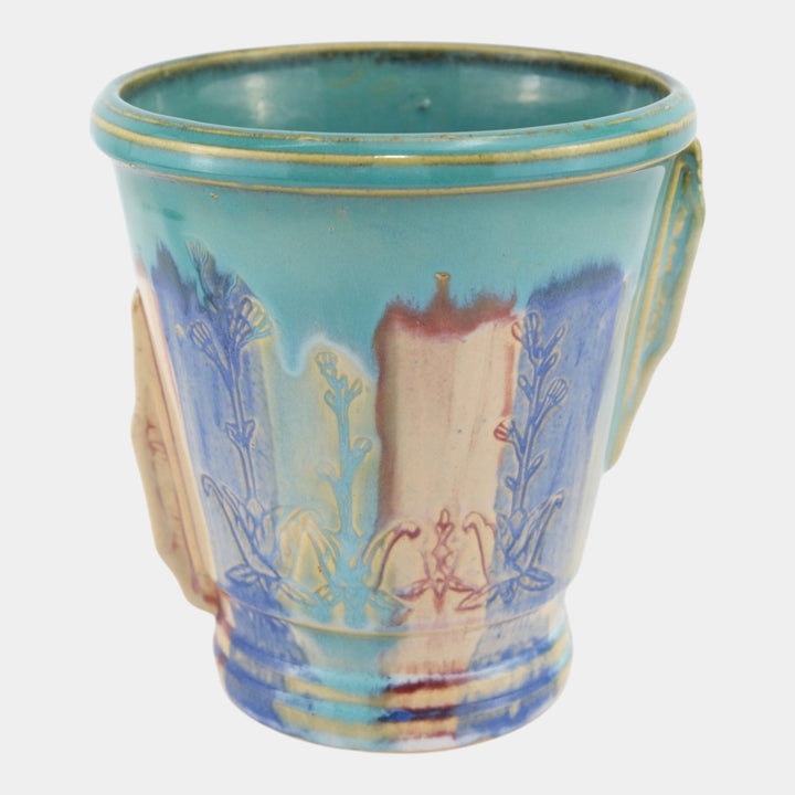 Hull Early Art Vintage Pottery 1920s Art Deco Blue Red Stoneware Handled Vase - Just Art Pottery
