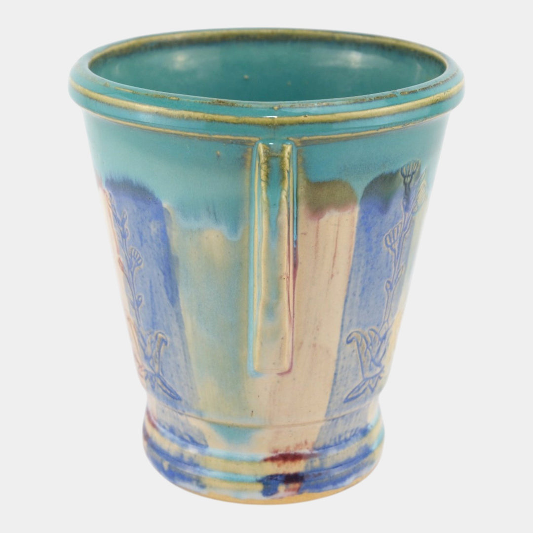 Hull Early Art Vintage Pottery 1920s Art Deco Blue Red Stoneware Handled Vase - Just Art Pottery