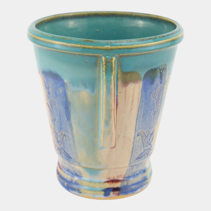 Hull Early Art Vintage Pottery 1920s Art Deco Blue Red Stoneware Handled Vase - Just Art Pottery