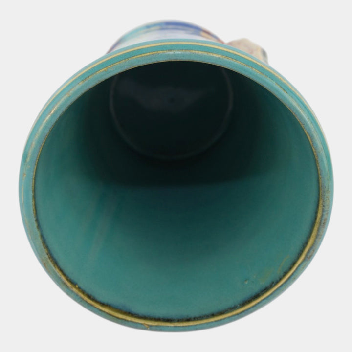Hull Early Art Vintage Pottery 1920s Art Deco Blue Red Stoneware Handled Vase - Just Art Pottery