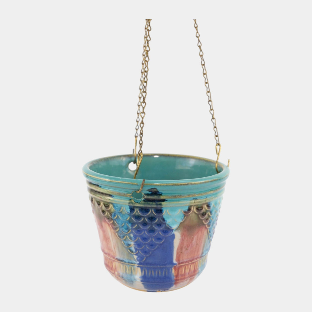 Hull Early Art Vintage Pottery 1920s Stoneware Hanging Basket With Chain - Just Art Pottery