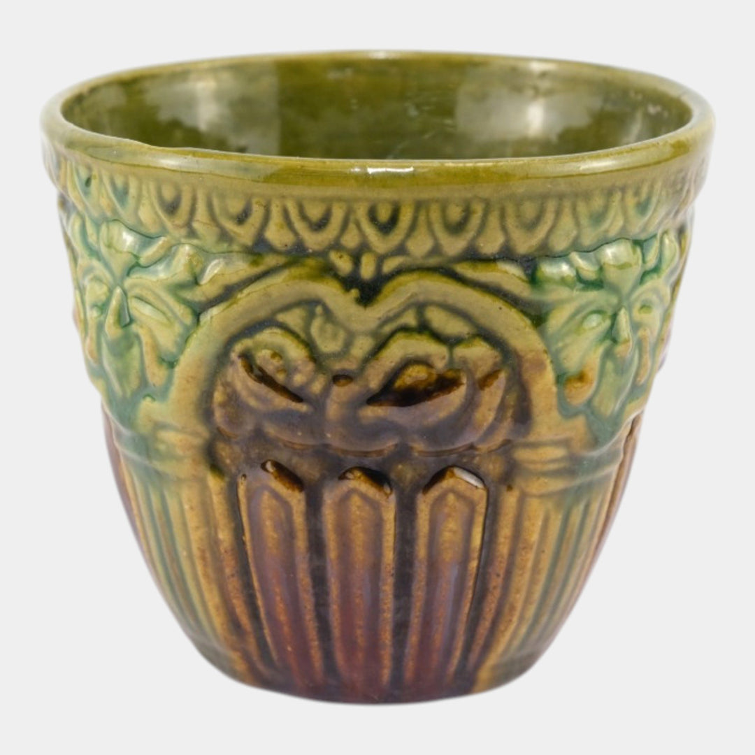 Brush McCoy 1927 Art Pottery Green Brown Blended Majolica Satyr Face Jardiniere - Just Art Pottery