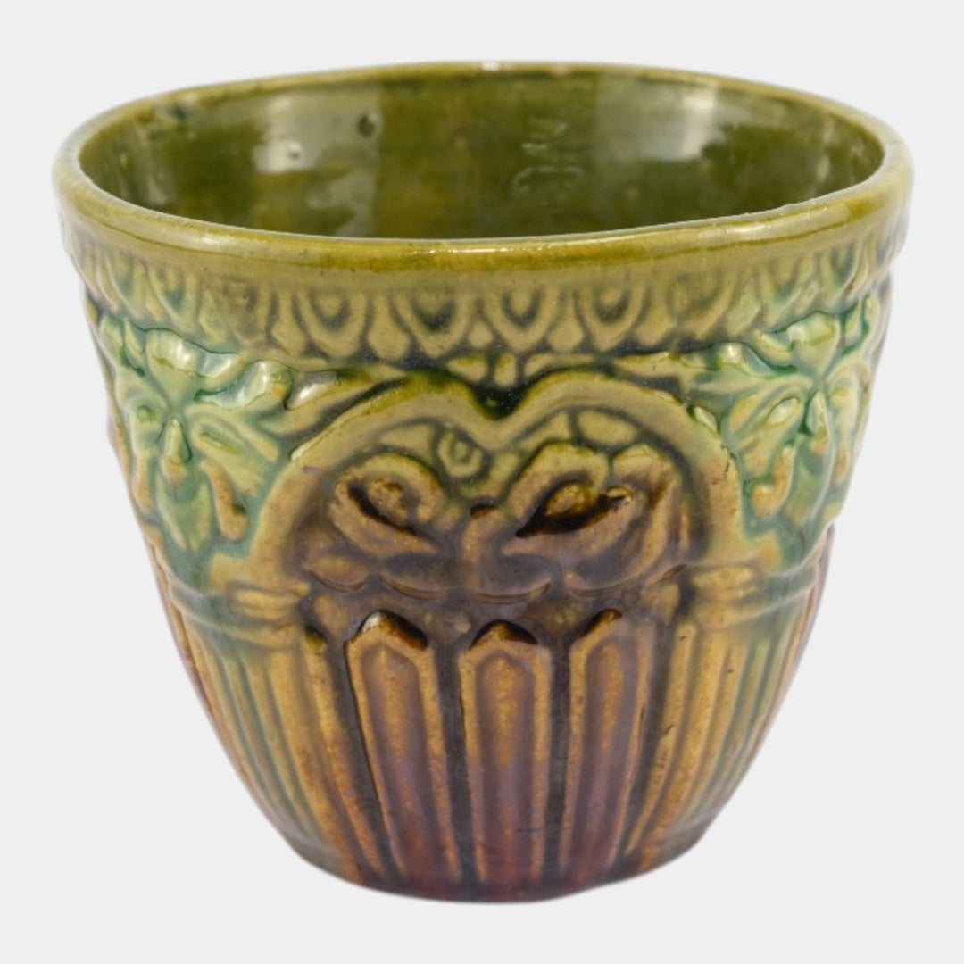 Brush McCoy 1927 Art Pottery Green Brown Blended Majolica Satyr Face Jardiniere - Just Art Pottery