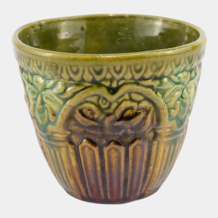 Brush McCoy 1927 Art Pottery Green Brown Blended Majolica Satyr Face Jardiniere - Just Art Pottery