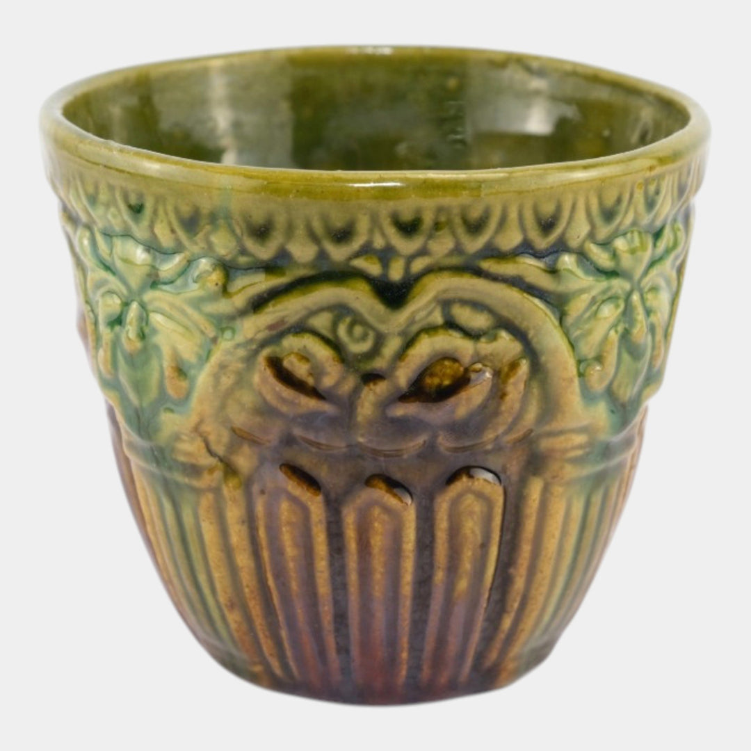 Brush McCoy 1927 Art Pottery Green Brown Blended Majolica Satyr Face Jardiniere - Just Art Pottery