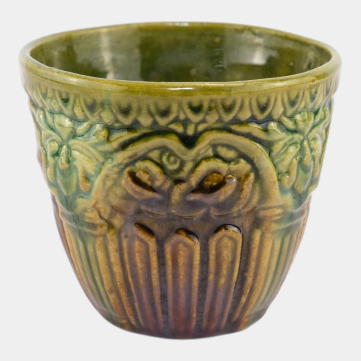 Brush McCoy 1927 Art Pottery Green Brown Blended Majolica Satyr Face Jardiniere - Just Art Pottery